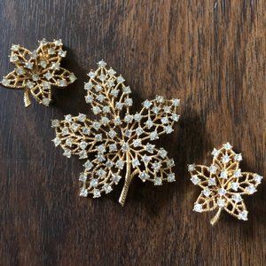 Crown Trifari Gold Rhinestone Skeleton Maple Leaf Pin and Clip On Earrings 1960.